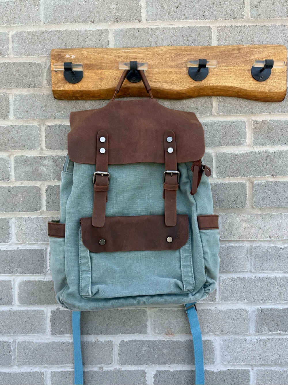 Canvas Backpack with Brown Leather Trim - Sage Green